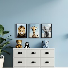 there are three pictures of animals on a dresser in a room