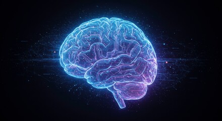 Fototapeta premium Neuronal Glow: An abstract and ethereal representation of the human brain, rendered in vibrant shades of blue and purple, with a subtle glow emanating from its surface.