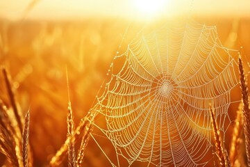 Naklejka premium Sparkling Spider Web in Morning Sunlight with Garden View