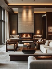Modern Living Room Featuring A Large Stone Fireplace