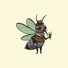 Sophisticated Mosquito Cartoon Character Drinking Wine