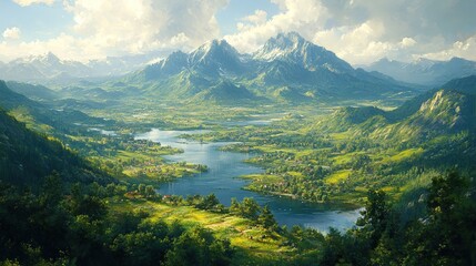 Mountain valley village by river, sunny scenic landscape