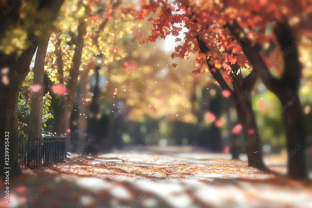 Poster abstract bokeh background with autumn trees in the city park.