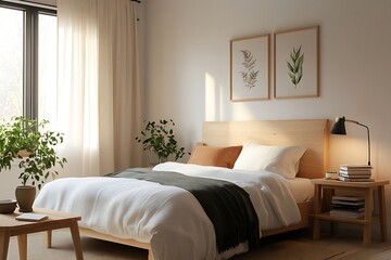 there is a bed with a white blanket and a wooden headboard