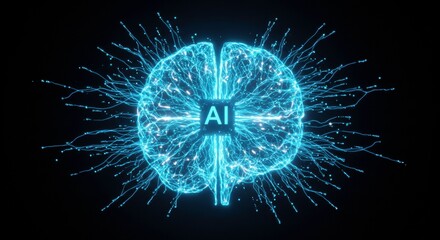 AI Brain Neural Network: Abstract representation of an artificial intelligence brain, glowing with vibrant blue energy streams, symbolizing advanced technology and neural networks.