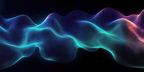 Fototapeta premium Abstract Wavy Lines in Neon Blue Green Modern Minimalist Design Smooth Flowing Curves on Black Background