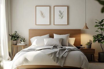 there is a bed with a white comforter and a plant in a pot