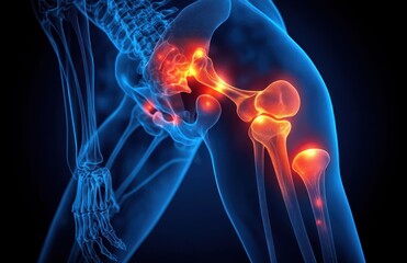 Painful Hip Joint Anatomy X-Ray Illustration of Walking Man with Blue Background