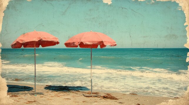 Two pink beach umbrellas on a sandy shore by turquoise ocean; vintage postcard style.