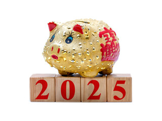 New Year 2025: piggy bank and toy blocks isolated