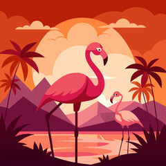 Fototapeta premium Beautiful pink flamingos at sunset background vector.