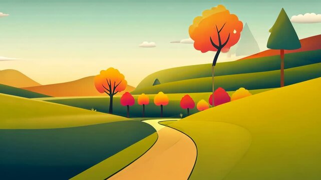 Beautiful landscape with a path through a field of grass. The sky is blue and the sun is shining