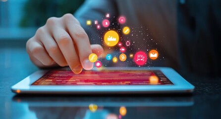 Close Up Hand Tapping Tablet for Digital Marketing Promotions and Traffic Analysis of Online Advertising Campaigns