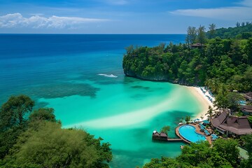 Aerial view of beautiful beach with turquoise sea and rocks