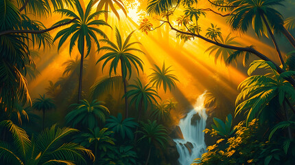 Tropical palm trees silhouetted against a vibrant summer sunset sky