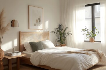 there is a bed with a white comforter and a wooden headboard
