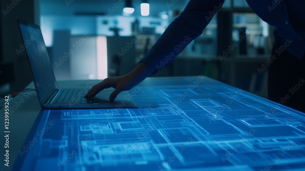 Aufkleber person working with laptop and interactive table displaying blue architecture plans