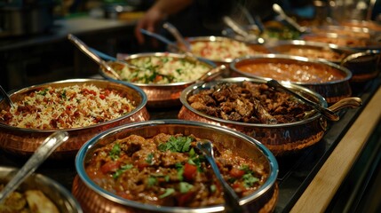 Obraz premium Delicious indian cuisine biryani and more in copper bowls