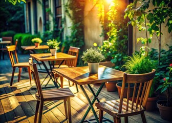 Fototapeta premium A simple outdoor cafe table bathed in warm light, creating a relaxing and minimalist patio scene.