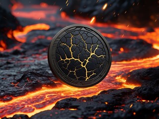 Forged in Fire – Cracked Black and Gold Coin on Molten Lava
