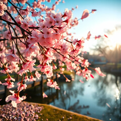 Obraz premium Pink cherry blossoms bloom on branches, signaling spring's arrival