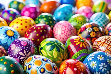Fototapeta premium A spring panorama bursts with color: hand-painted Easter eggs nestled amongst cheerful holiday decorations.