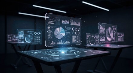 Holographic Interface in Futuristic Office: Futuristic office setting with three holographic tables displaying interactive data visualizations and charts, with a glowing orb hovering above them.