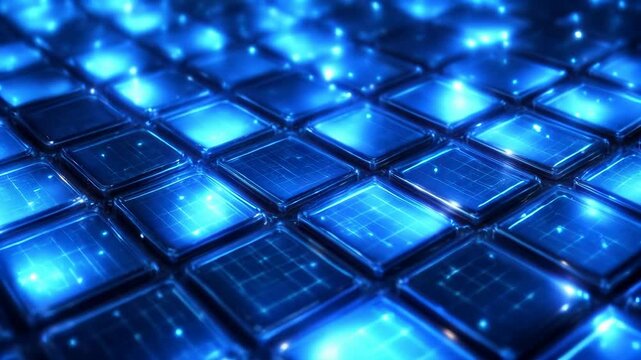 Blue and yellow computer screen with a grid of squares. The squares are lit up with blue and yellow lights
