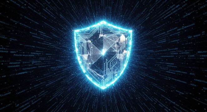 Cybersecurity Shield: A futuristic, glowing blue digital shield, composed of circuit board patterns, radiates protection and security against a backdrop of binary code streams. - Powered by Adobe