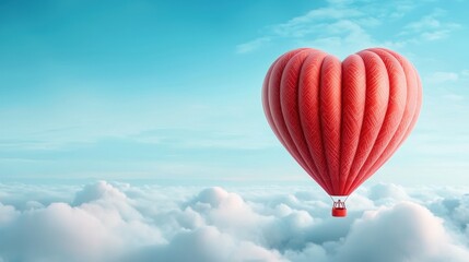 Fototapeta premium Red Heart Shaped Hot Air Balloon Ascending Above Fluffy White Clouds in a Blue Sky Background. The Image Evokes Feelings of Love, Romance, and Adventure. Keywords Include Heart, Hot Air Balloon