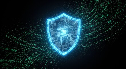 Digital Shield: A glowing blue digital shield symbolizing cybersecurity and data protection, with abstract code and particle effects in the background.  