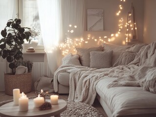 Cozy Living Room Decorated With Fairy Lights And Candles
