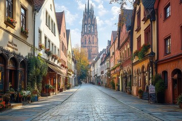 Empty Cobblestone Street in Krakow Poland with St Mary's Basilica Gothic Architecture