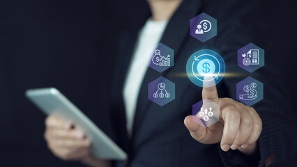 Tablet, discussion and business people in office with report for break in finance stock market. Meeting, digital technology and financial advisors with online revenue