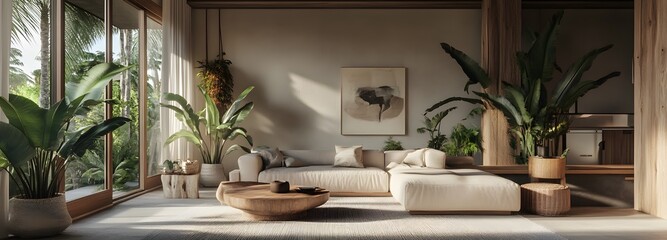 A Scandinavian living room with a neutral-toned sofa, wooden accents, and large potted plants