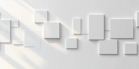 Minimalist Asymmetrical Composition of Large White Squares and Cubes on White Background