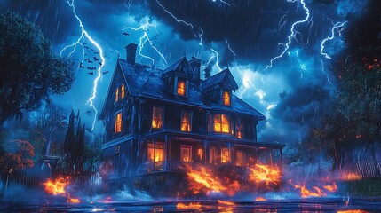 Fototapeta premium A Haunted Victorian House Burning in a Thunderstorm