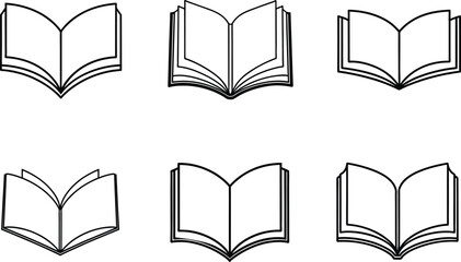 A set of six simple line art icons depicting open books.