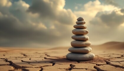 Obraz premium zen, stones, tall, stack, uneven, rugged, textures, cracked, desert, soil, dramatic, sky, sandstorm, clouds, dust, wind, trails, swirling, base, hyperrealistic, detail, serene, tranquil, harmony,