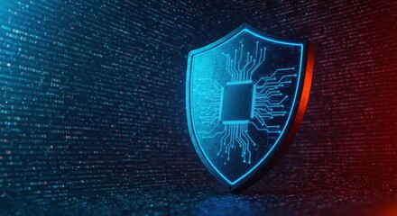 Cybersecurity Shield: A futuristic glowing shield emblem, embedded with intricate circuit board design, symbolizes digital protection and data security against a dark binary code background.