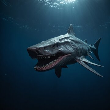 sharks rough skin texture Shark close-up, Hyper Real A deadly shark with sharp teeth and jaws Nice big white shark in the dark with space for text wild ocean life and danger from darkness
