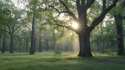 Fototapeta premium Serene Forest Landscape at Sunrise with Sun Rays Through Trees