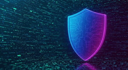 Cybersecurity Shield: A glowing, futuristic shield, rendered in vibrant blue and pink neon, stands tall against a backdrop of cascading digital code.