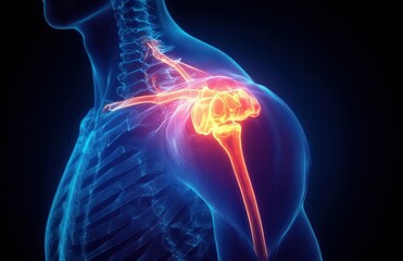Human Shoulder Anatomical Illustration with Rotator Cuff Injury and X-ray Effects