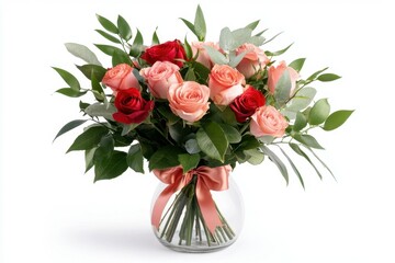 Romantic Pink and Red Rose Bouquet in Glass Vase