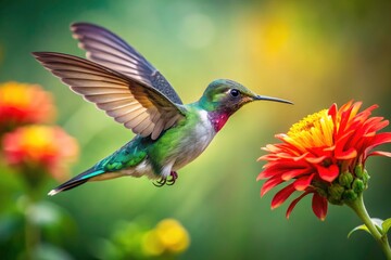 Fototapeta premium Close-up photography reveals hummingbird's vibrant plumage amidst dazzling flower blooms.