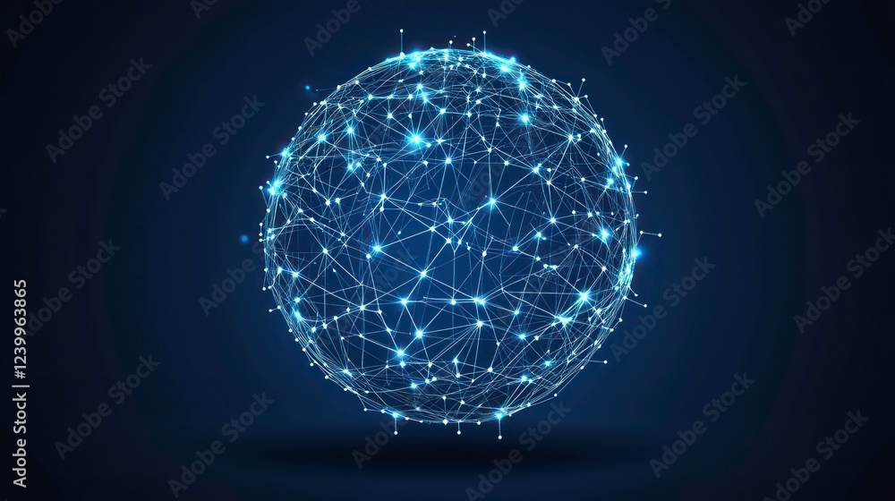 Poster glowing sphere of interconnected nodes and lines on dark blue background.