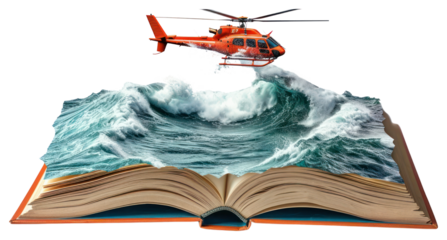 PNG Furious sea and rescue helicopter book open transportation.