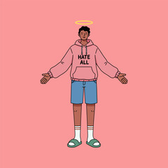 Man in Pink Hoodie Saying Hate All with Halo Illustration