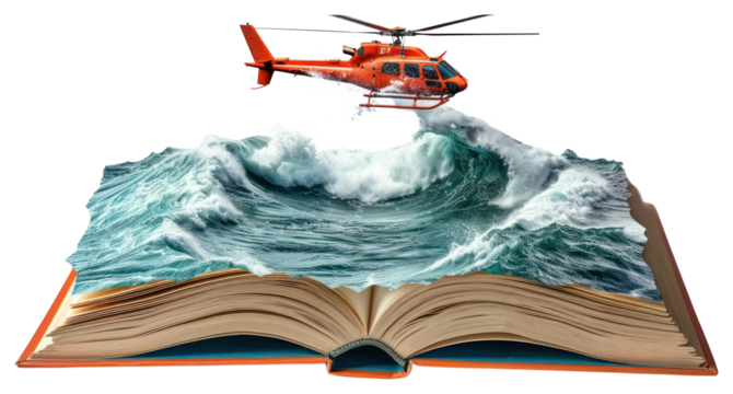 PNG Furious sea and rescue helicopter book open transportation.